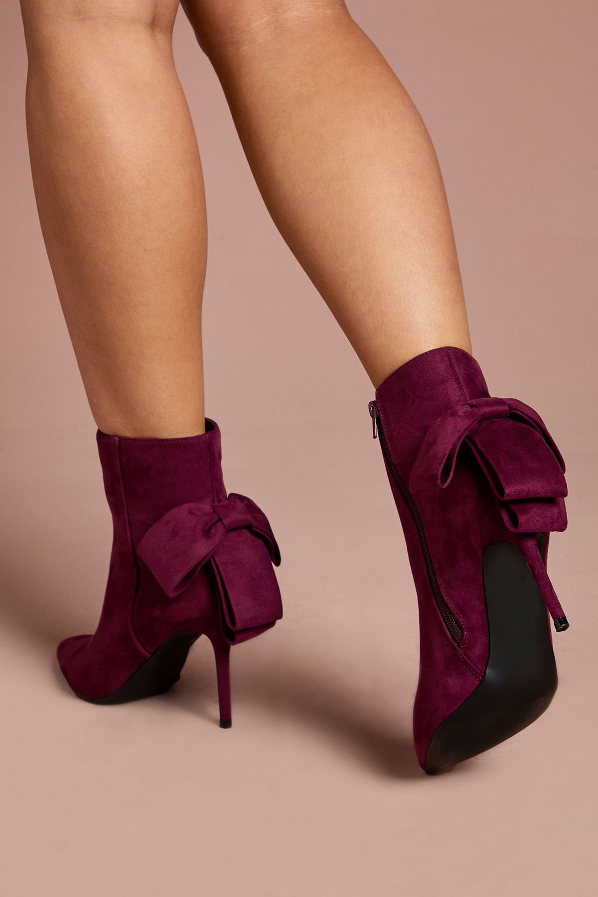Coast Camilla Faux Suede Bow Back Stiletto High Heeled Ankle Boots Burgundy image 3