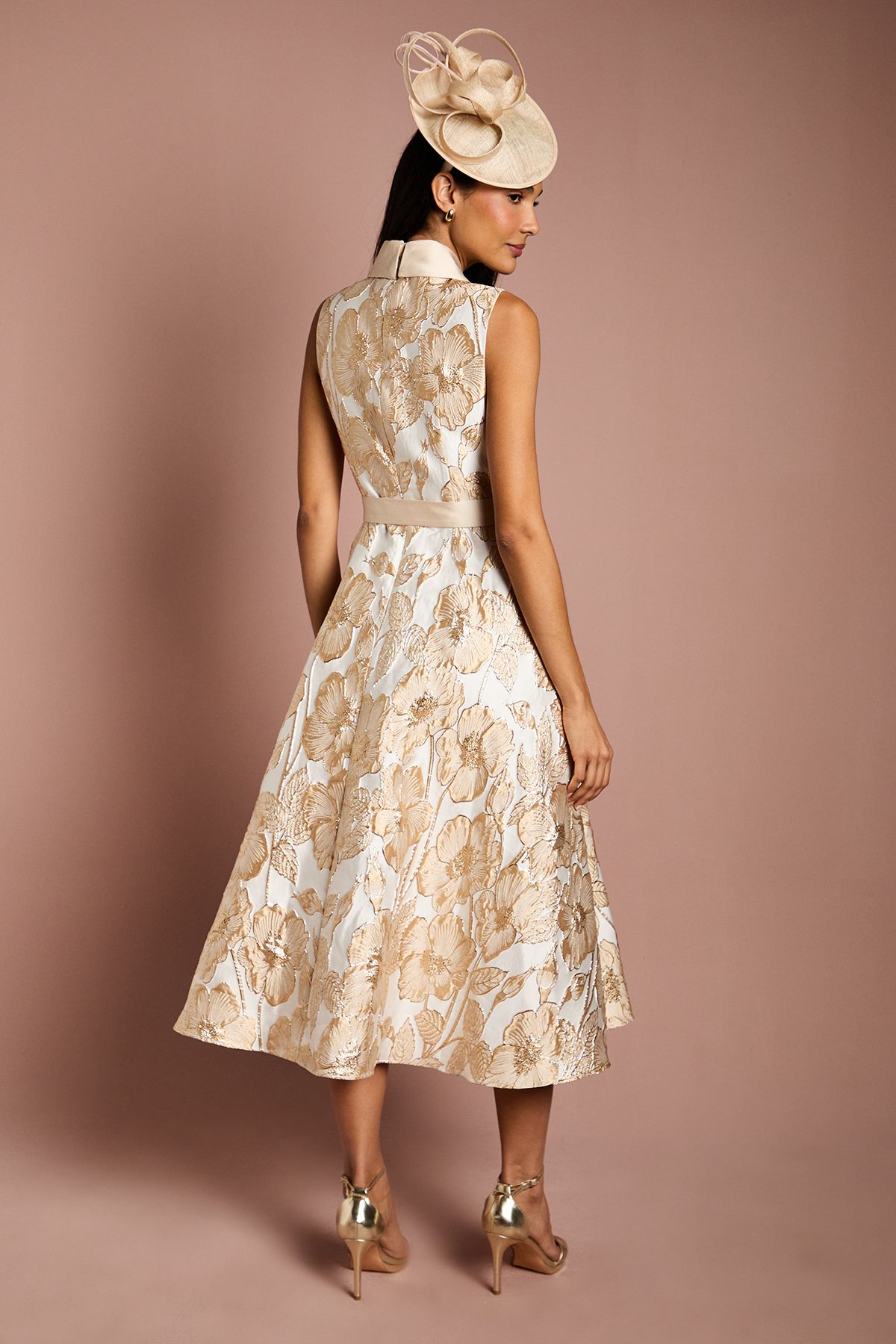 Coast Sleeveless Tux Jacquard Fit And Flare Midi Dress Champagne image 3