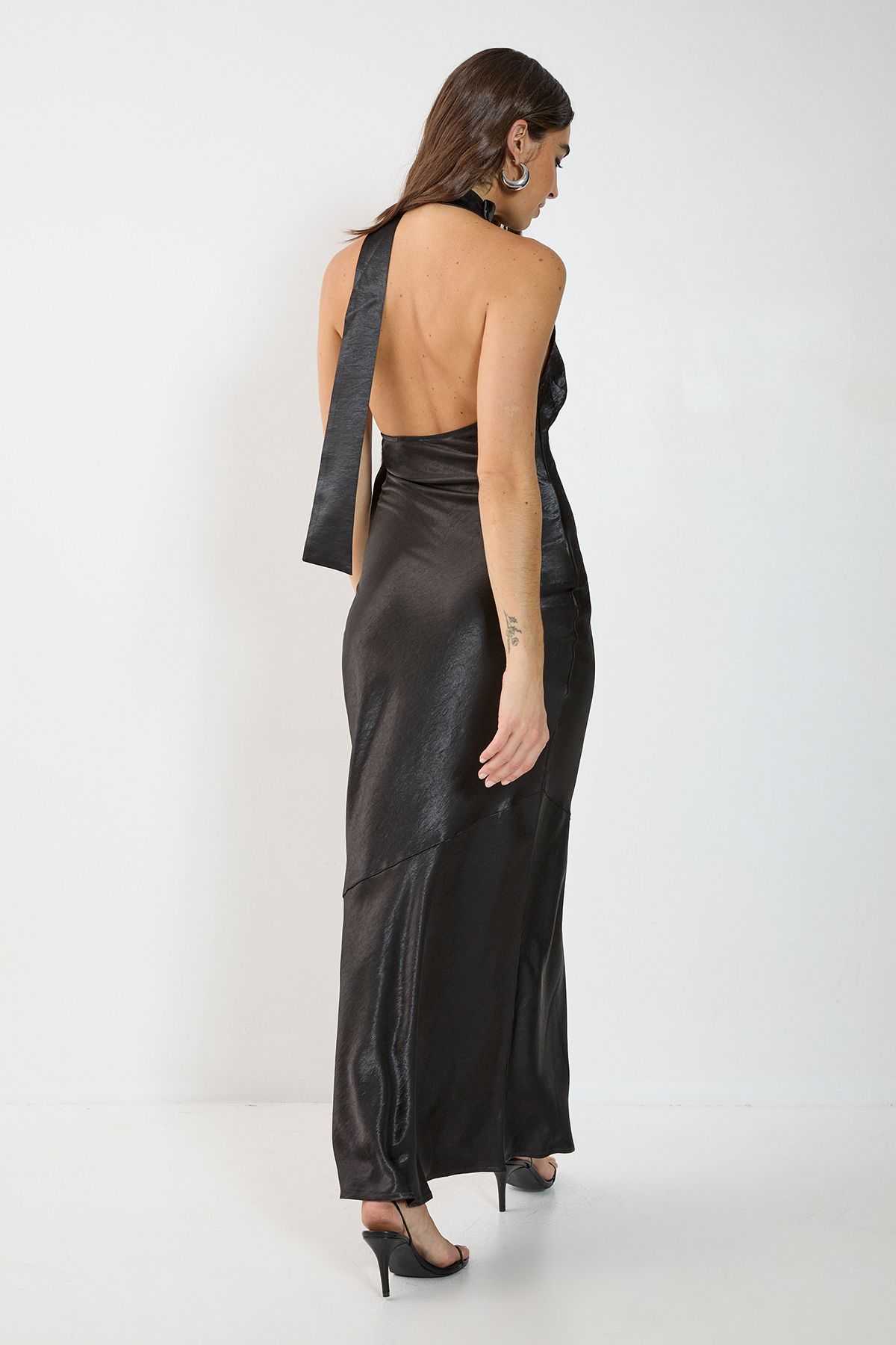 NastyGal Satin Wrap High Neck Cowl Front Maxi Dress Black image 4