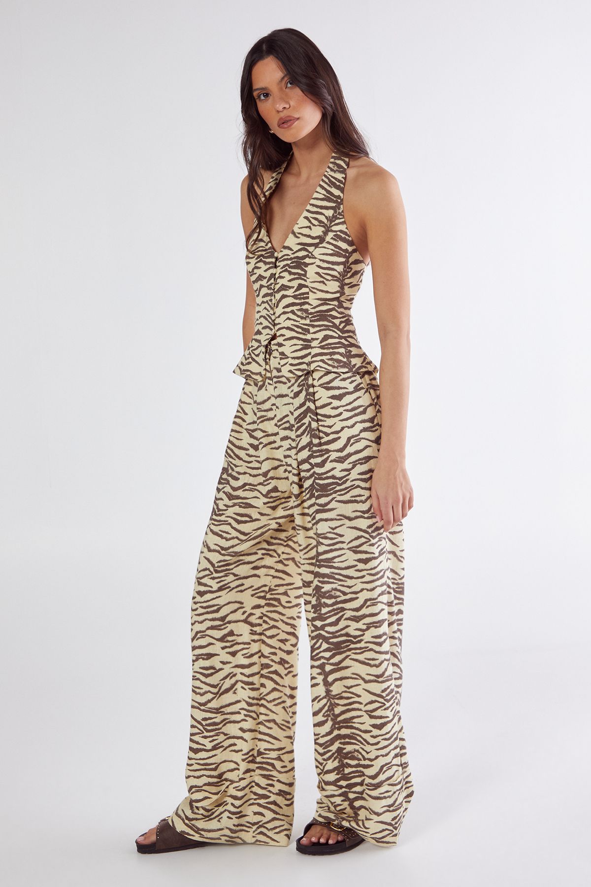 NastyGal Zebra Print Linen Tailored Trousers Co-ord Butter image 3