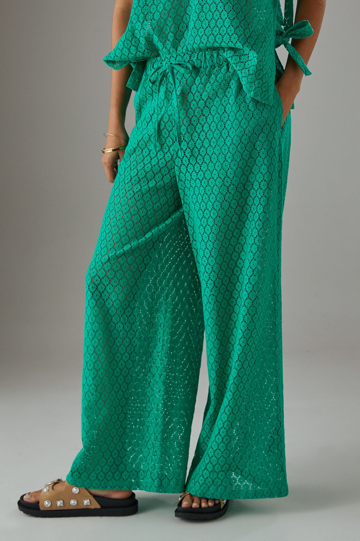 Warehouse Crochet Tie Side Tank Top Green image 2