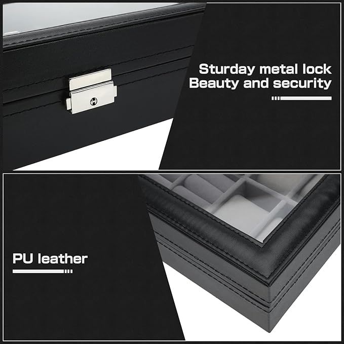 SHEONLY 8-Slot Black Synthetic Leather Watch Display Box with Ring Slots image 5