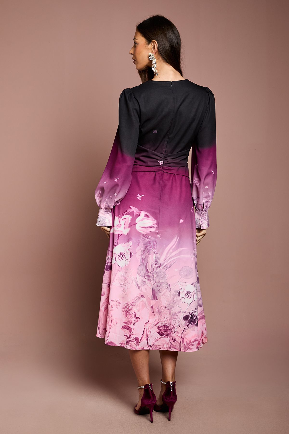 Coast Pleat Waist Boarder Print Organza Midi Dress Berry image 3