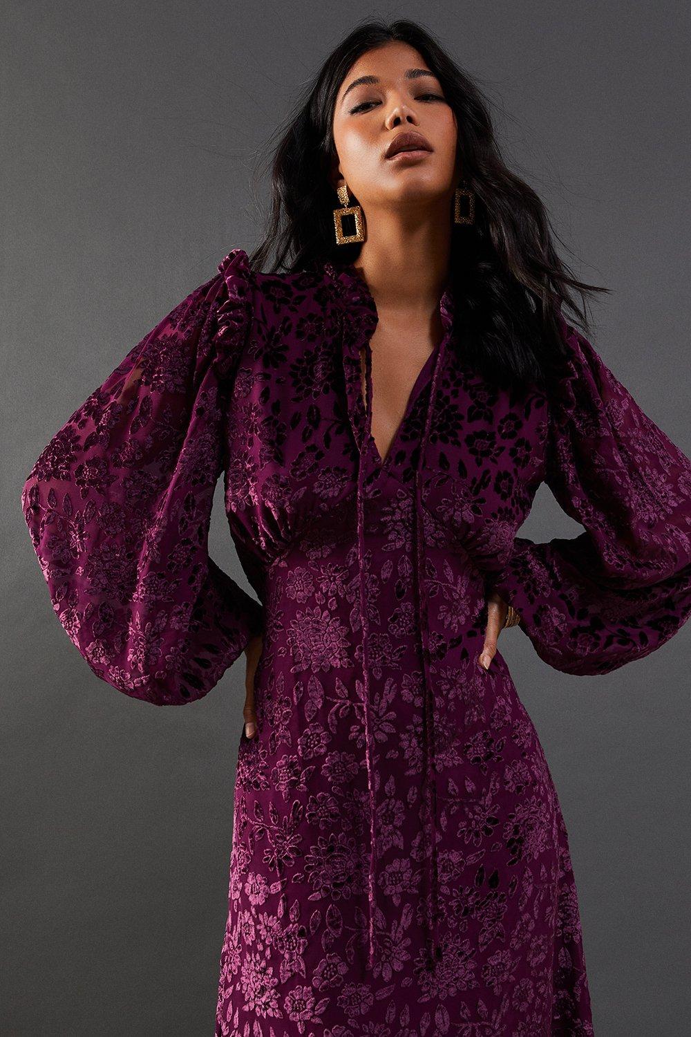 Cheap warehouse purple dress Outlet Online Warehouse Purple Burnout Velvet Frill Shoulder Tie Front Midi Dress PrettyLittleThing