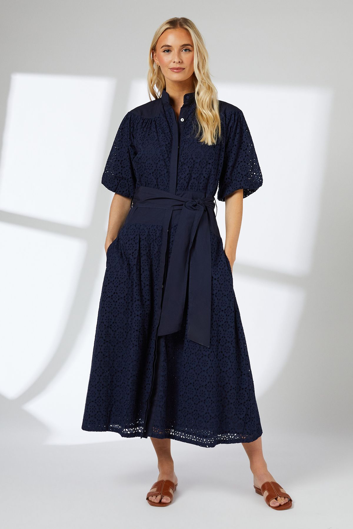 Principles Navy Broderie Belted Contrast Detail Midaxi Dress Navy image 1