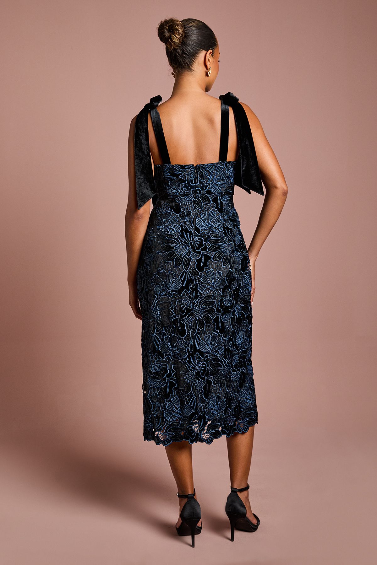 Coast Petite Cut Out Velvet Lace Tie Shoulder Column Midi Dress Black image 3