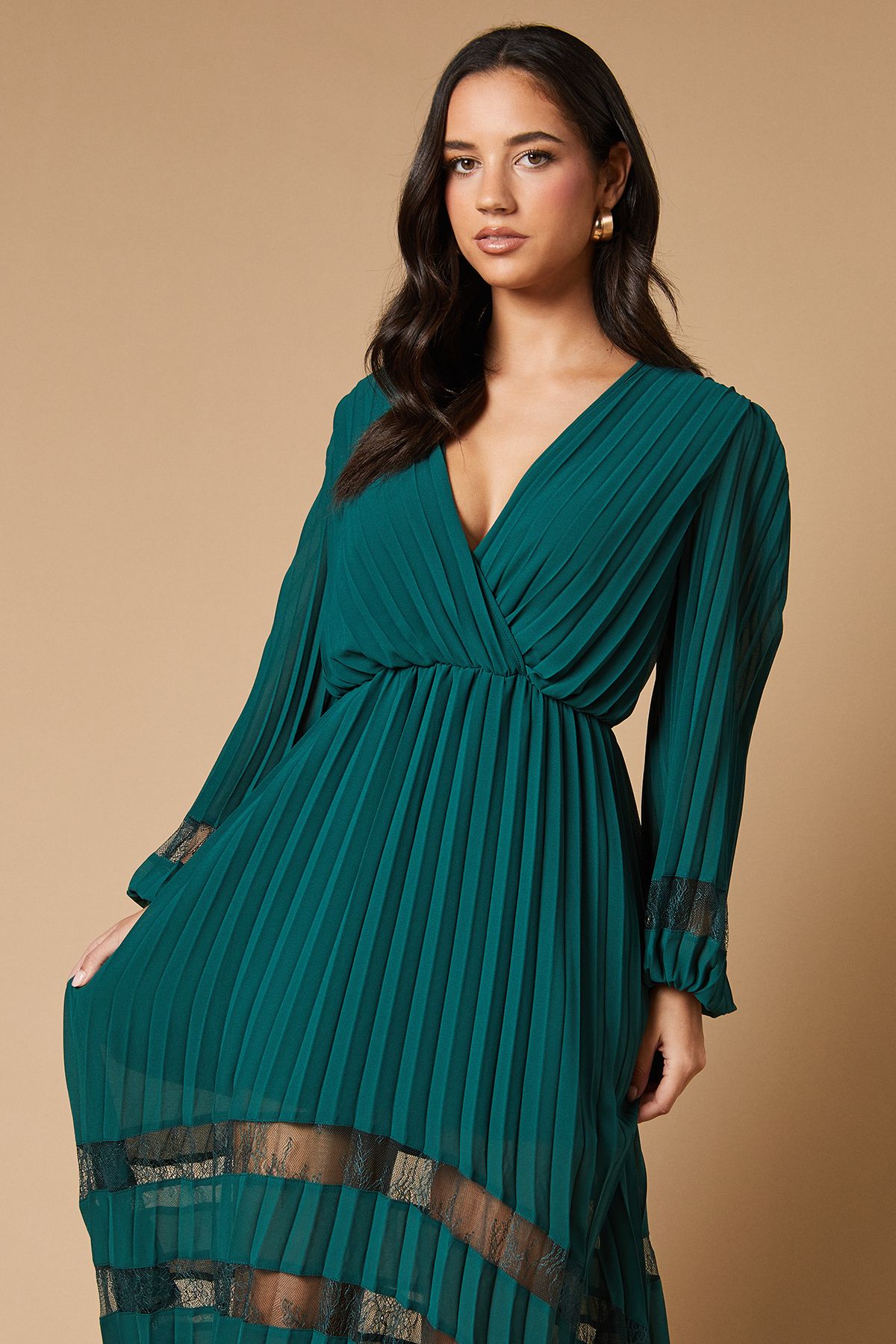 Oasis Pleated Lace Trim Insert Wrap Midi Dress Green image 4