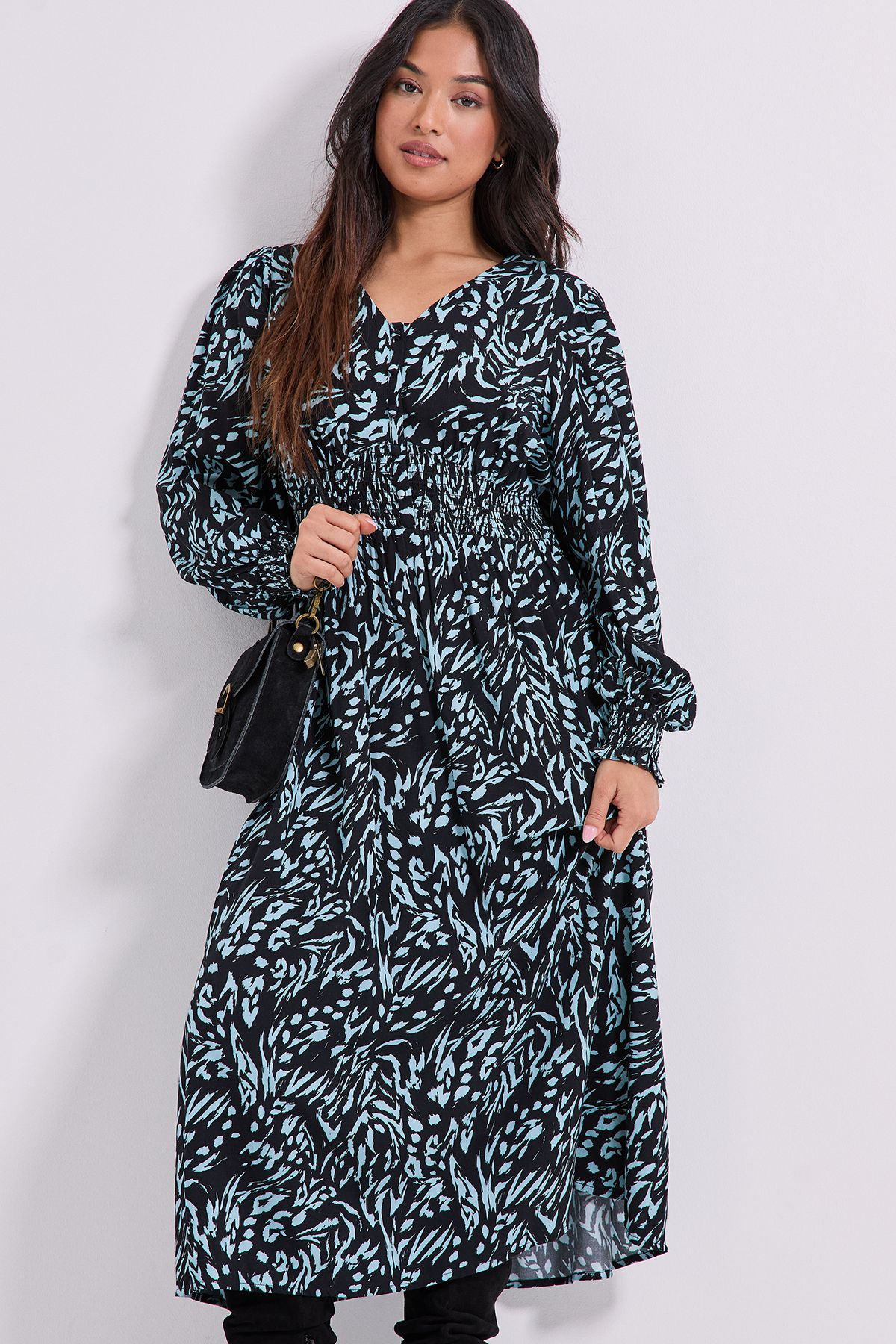 Dorothy Perkins Petite V Neck Button Front Detail Printed Midi Dress Blue