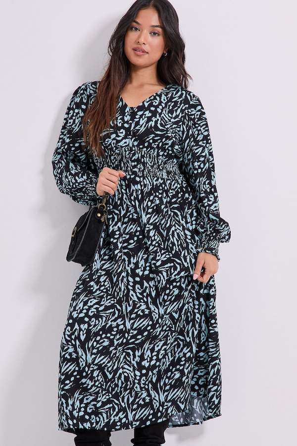 Dorothy Perkins Petite V Neck Button Front Detail Printed Midi Dress Blue