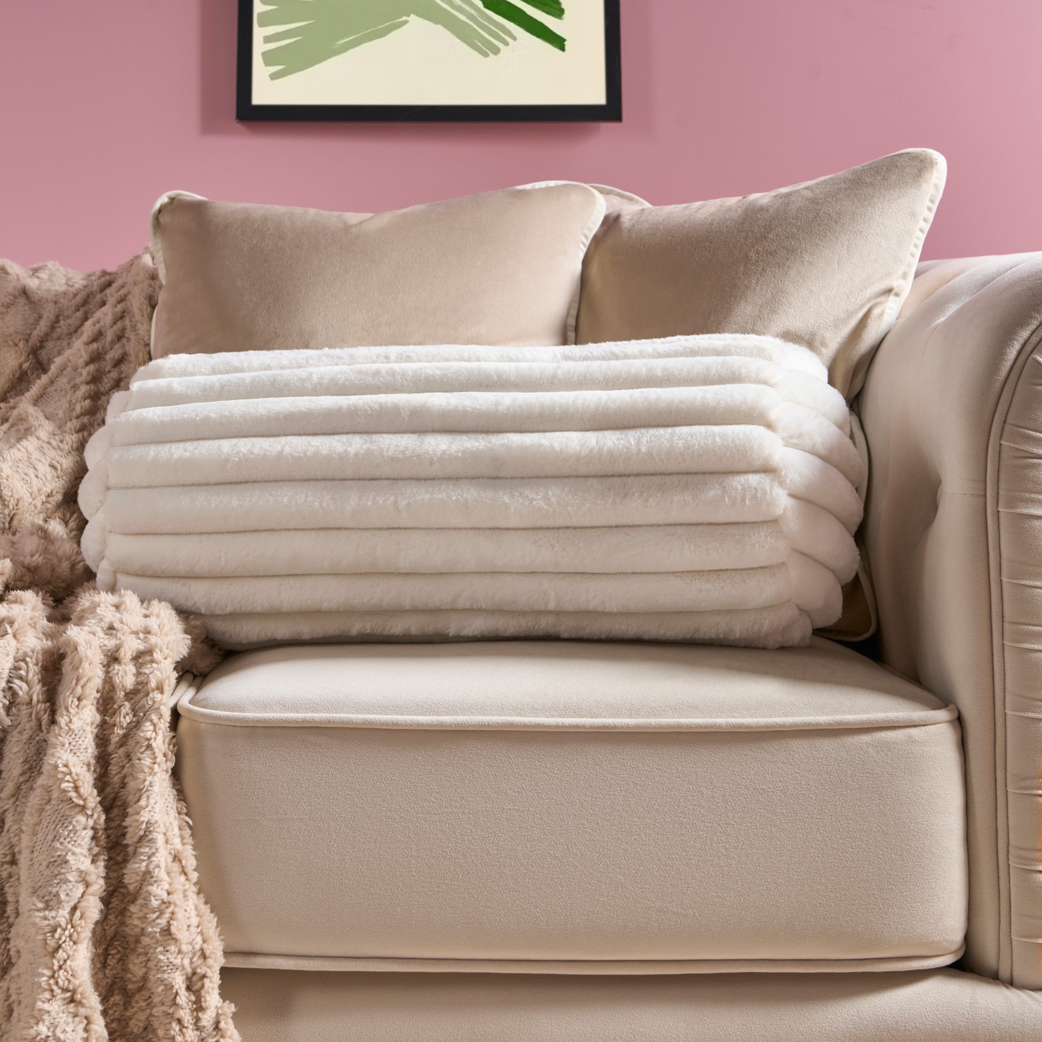 OHS Faux Fur Ribbed Round Bolster Cushion Neck Roll Pillow image 1