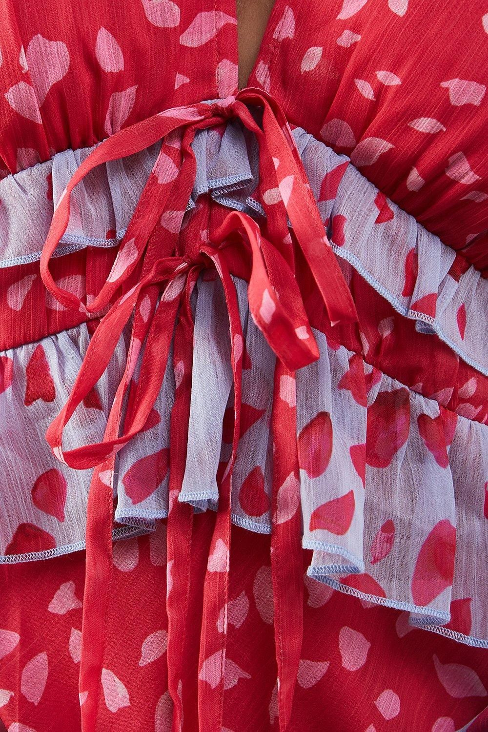 Warehouse Mixed Chiffon Ruffle Midi Tea Dress Red image 5