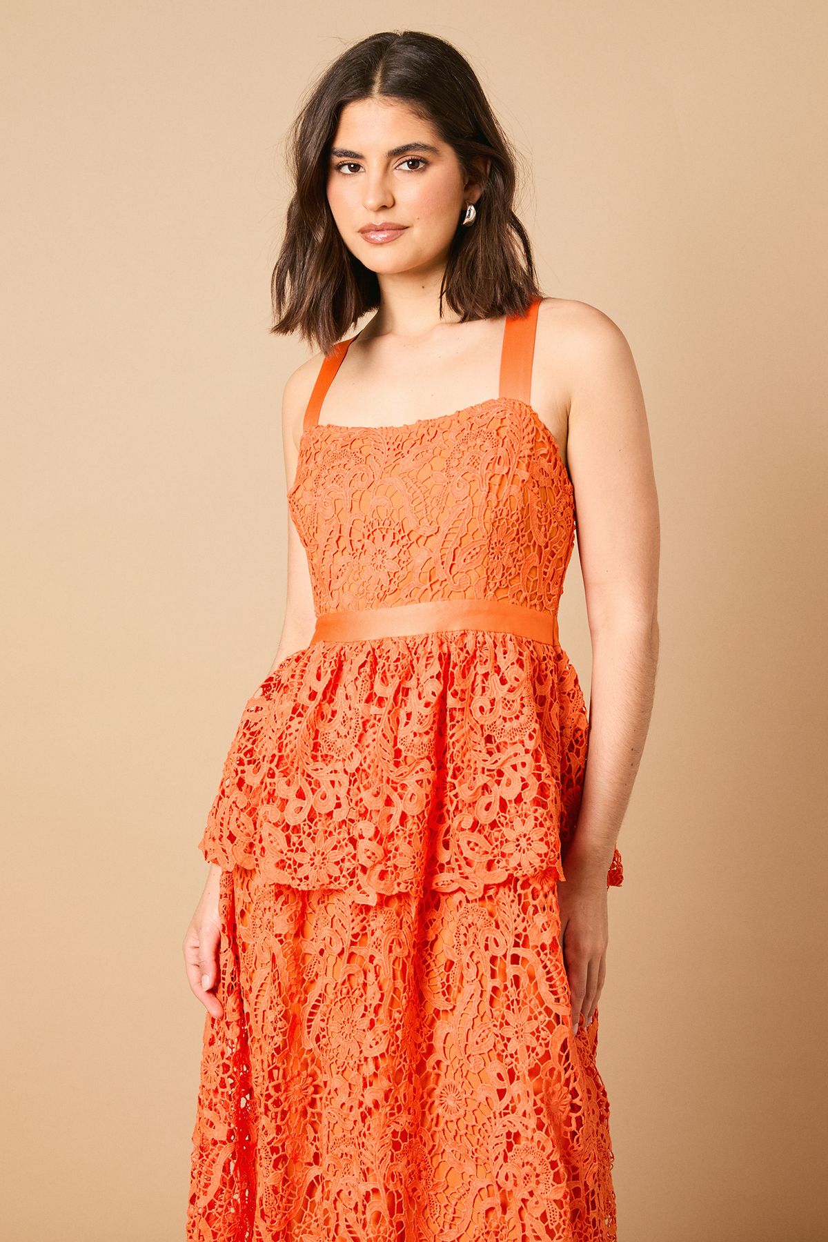 Oasis Cross Strap Tiered Lace Midi Dress Orange image 2