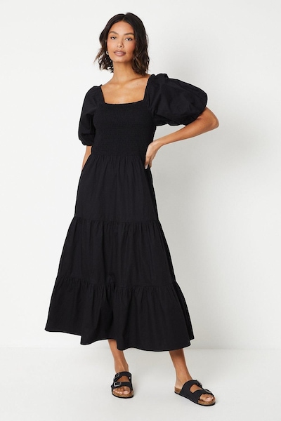 Dorothy Perkins Puff Sleeve Shirred Bodice Midi Dress Black
