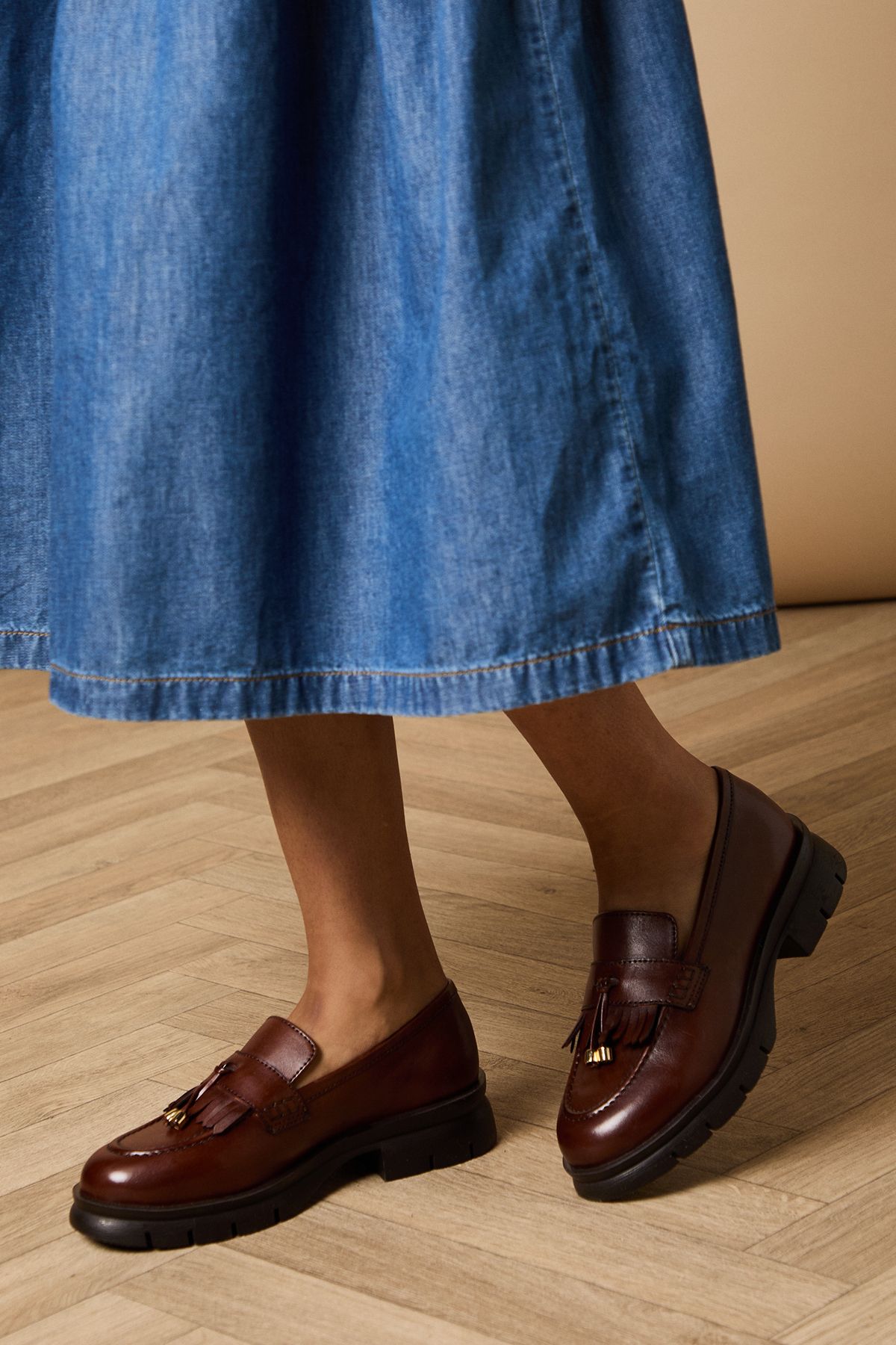 Oasis Brooke Real Leather Tassel Detail Chunky Loafers Tan image 1