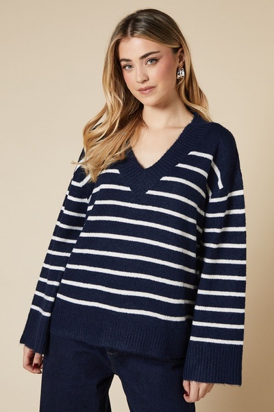 Dorothy Perkins V Neck Stripe Knitted Jumper Black