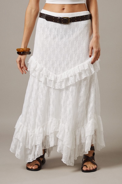 Warehouse Lace Ruffle Tier Maxi Skirt Ivory