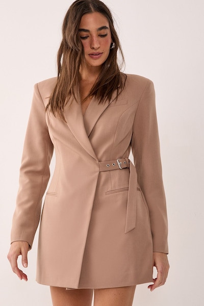 NastyGal Tailored Belted Shoulder Pad Blazer Dress Taupe