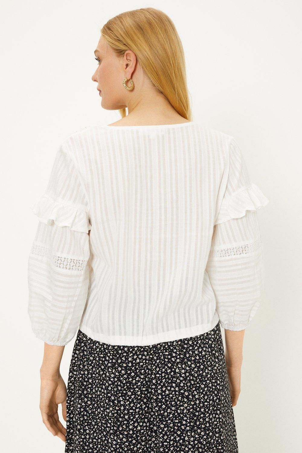 Oasis Lace Trim Insert Frill Button Through Blouse White image 3
