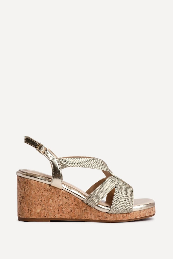 Linzi Destined Gold Woven Design Cork Wedges