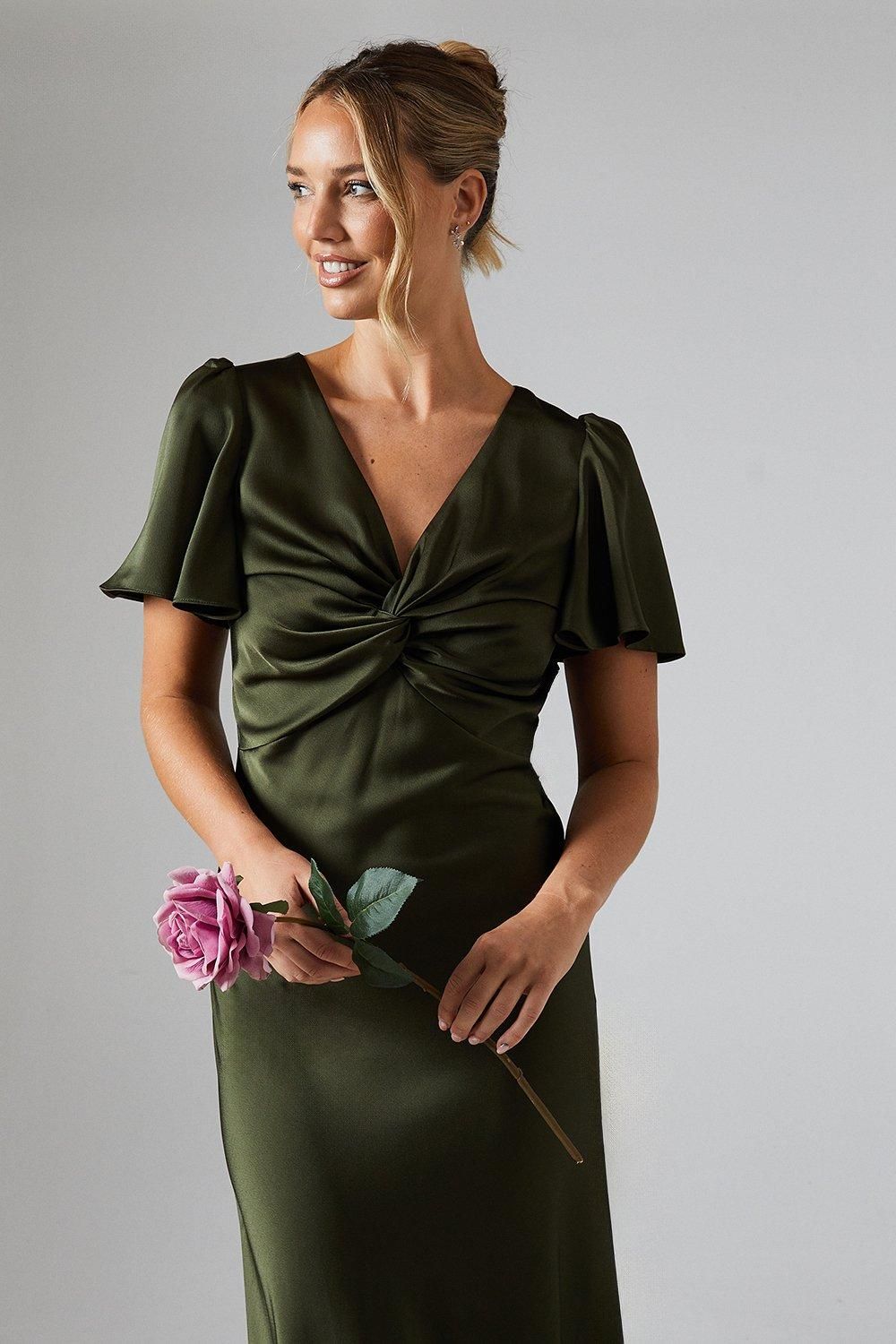 Oasis Satin Twist Front Angel Sleeve Midi Bridesmaid Dress Olive image 4