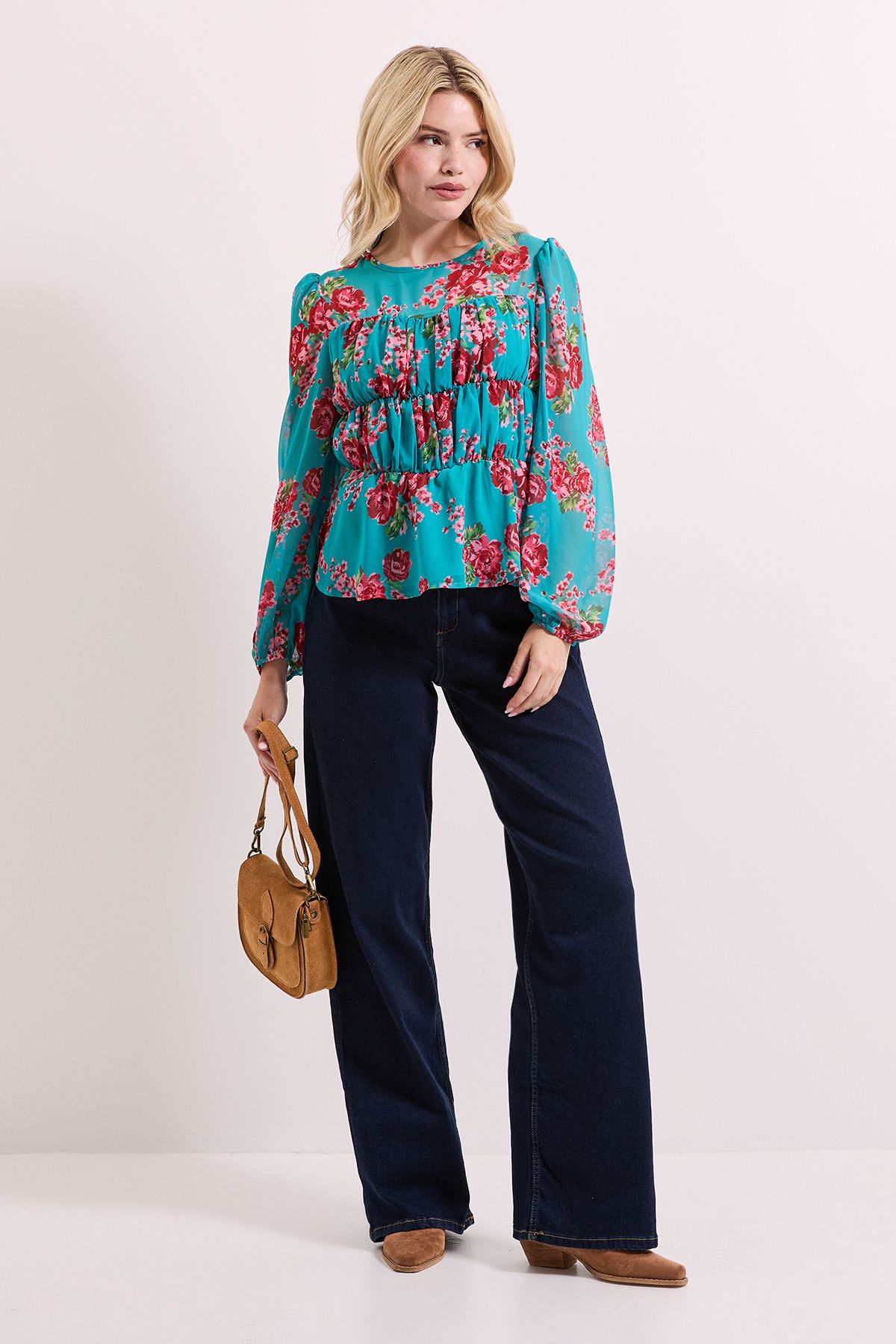 Dorothy Perkins Floral Sheer Yoke Printed Chiffon Shirred Top Floral image 2