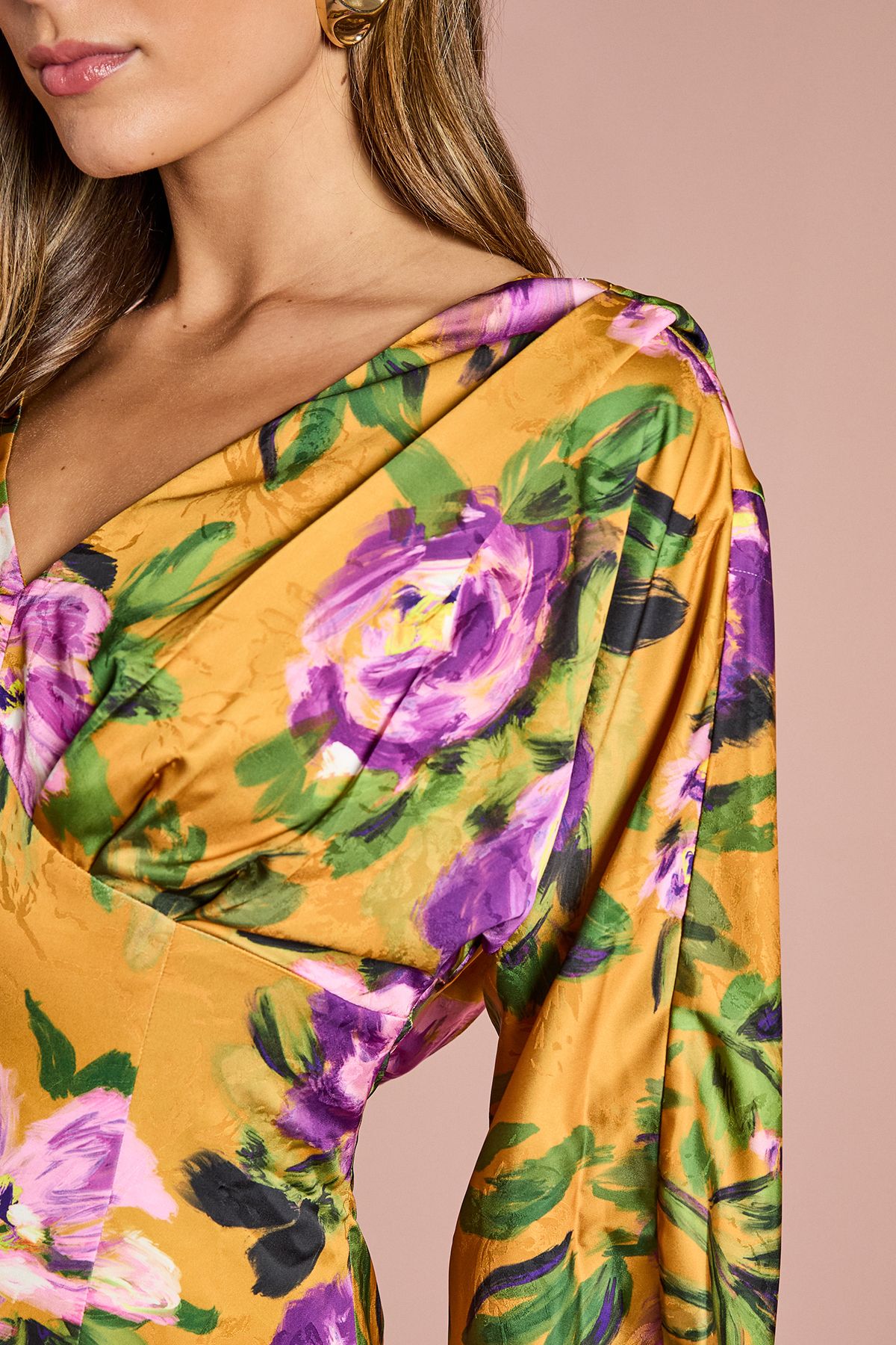 Coast Printed Long Sleeve Satin Maxi Dress With Cowl Back Chartreuse image 5