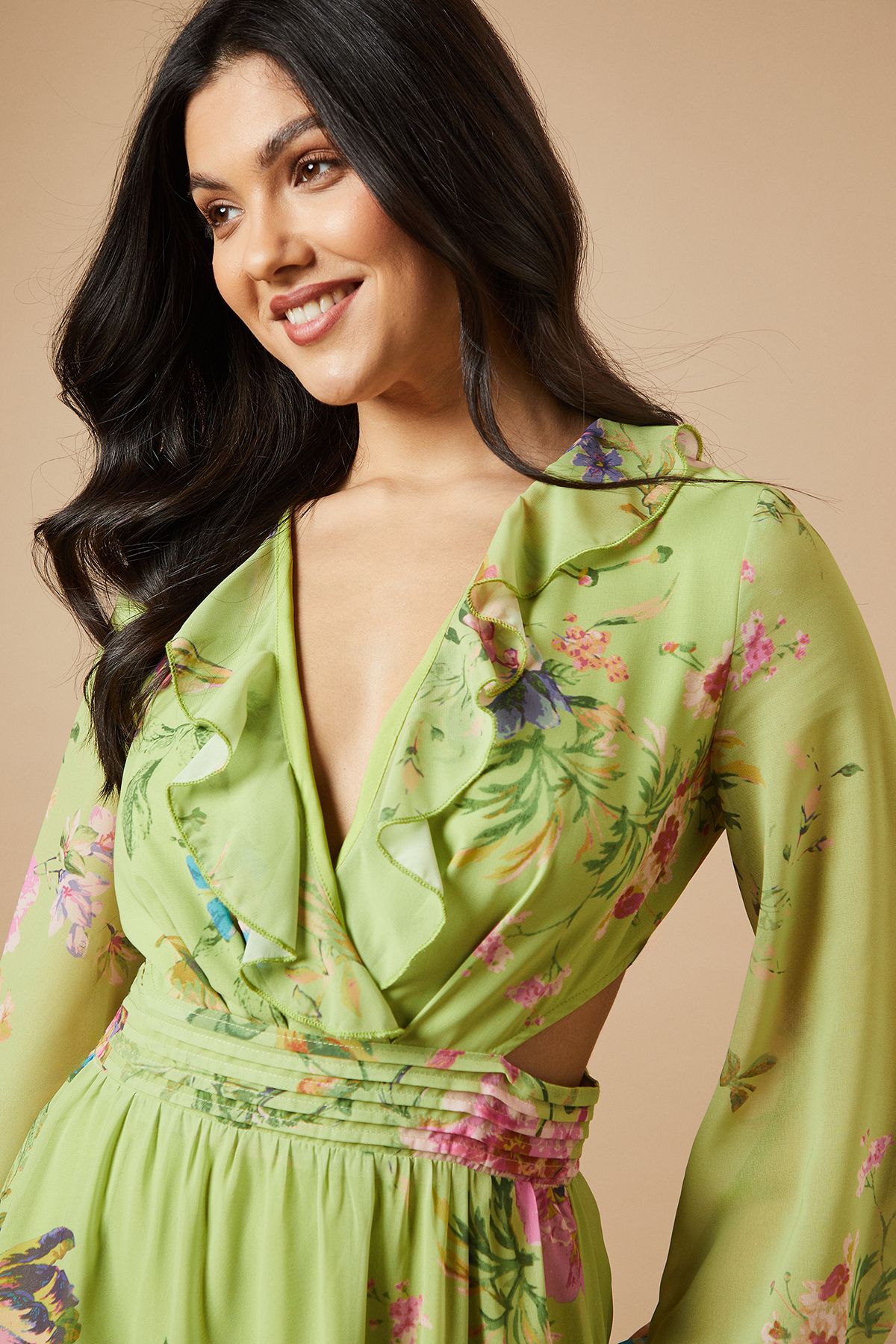 Oasis Printed Cut Out Long Sleeve Midi Dress Green image 2