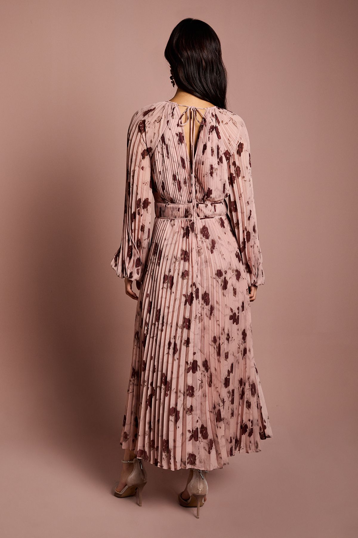 Coast Long Sleeve Chiffon Pleated Wrap Midi Dress Blush image 3