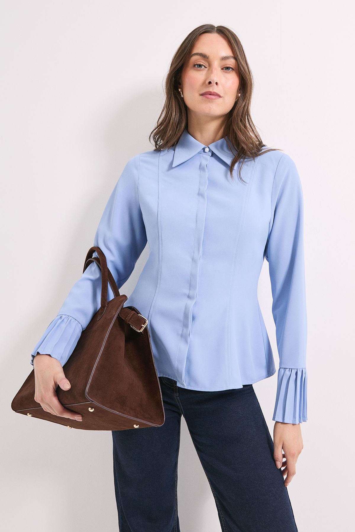 Principles Light Blue Pleated Cuff Detail Peplum Shirt Light Blue image 4