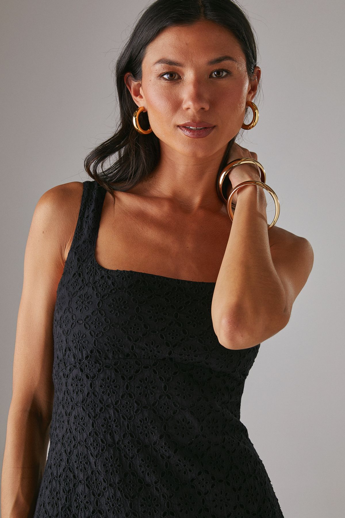 Warehouse Broderie Puff Ball Mini Dress Black image 2