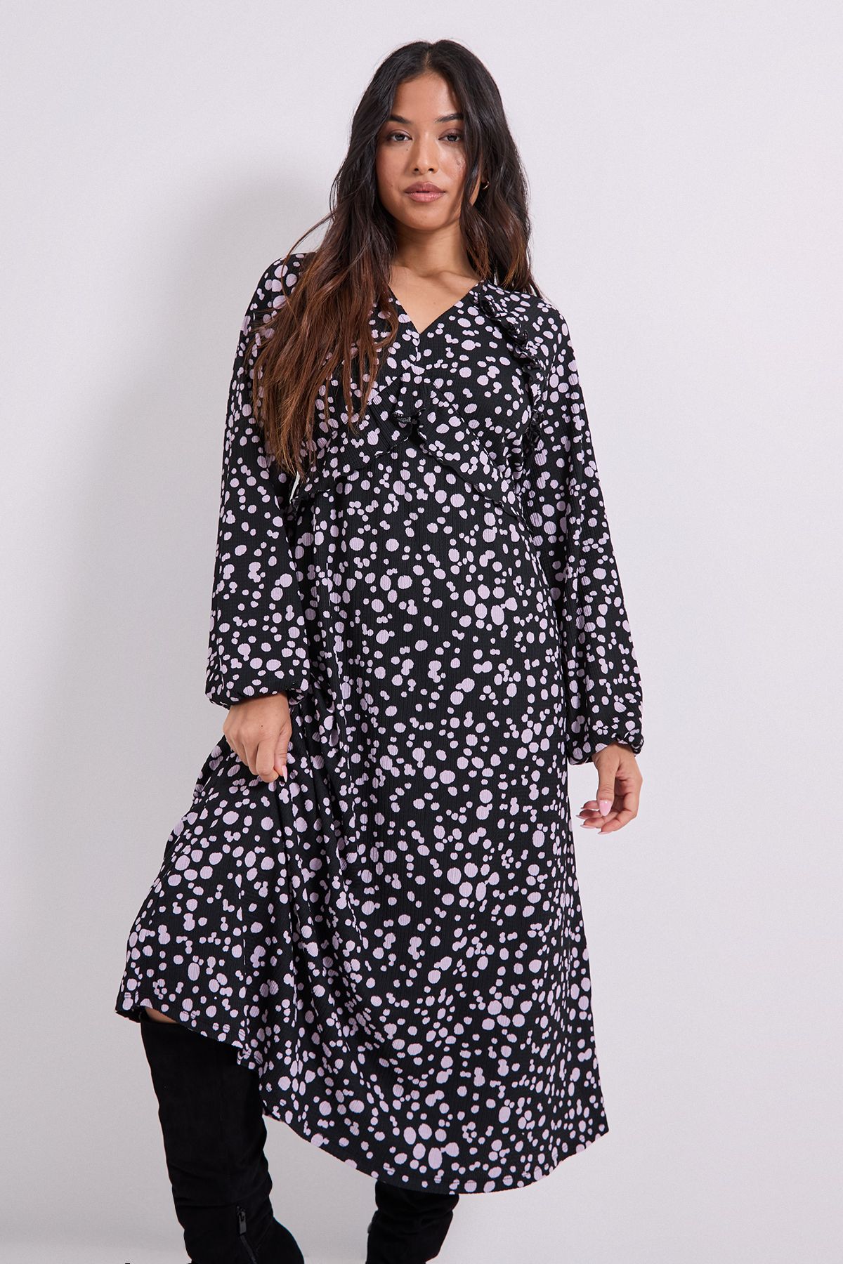 Dorothy Perkins Petite Purple Spot Empire Seam Frill Detail Jersey Midi Dress Blue image 1