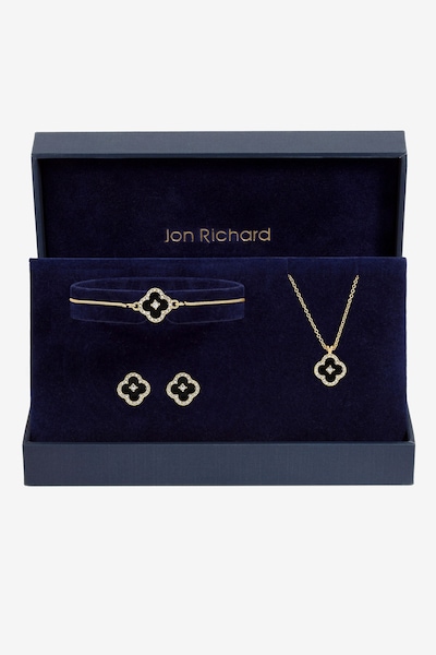 Jon Richard Gold Plated and Jet Clover Trio Set - Gift Box