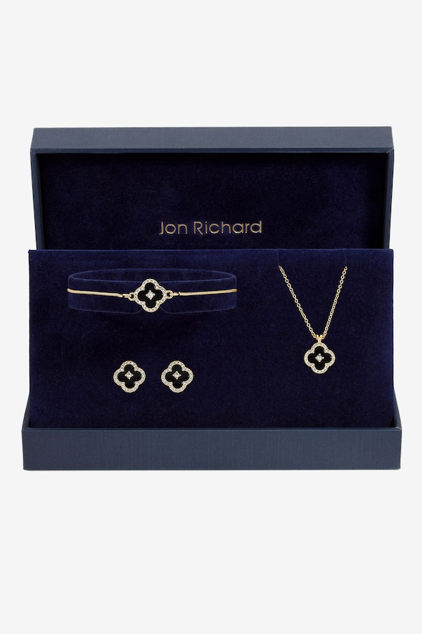 Jon Richard Gold Plated and Jet Clover Trio Set - Gift Box