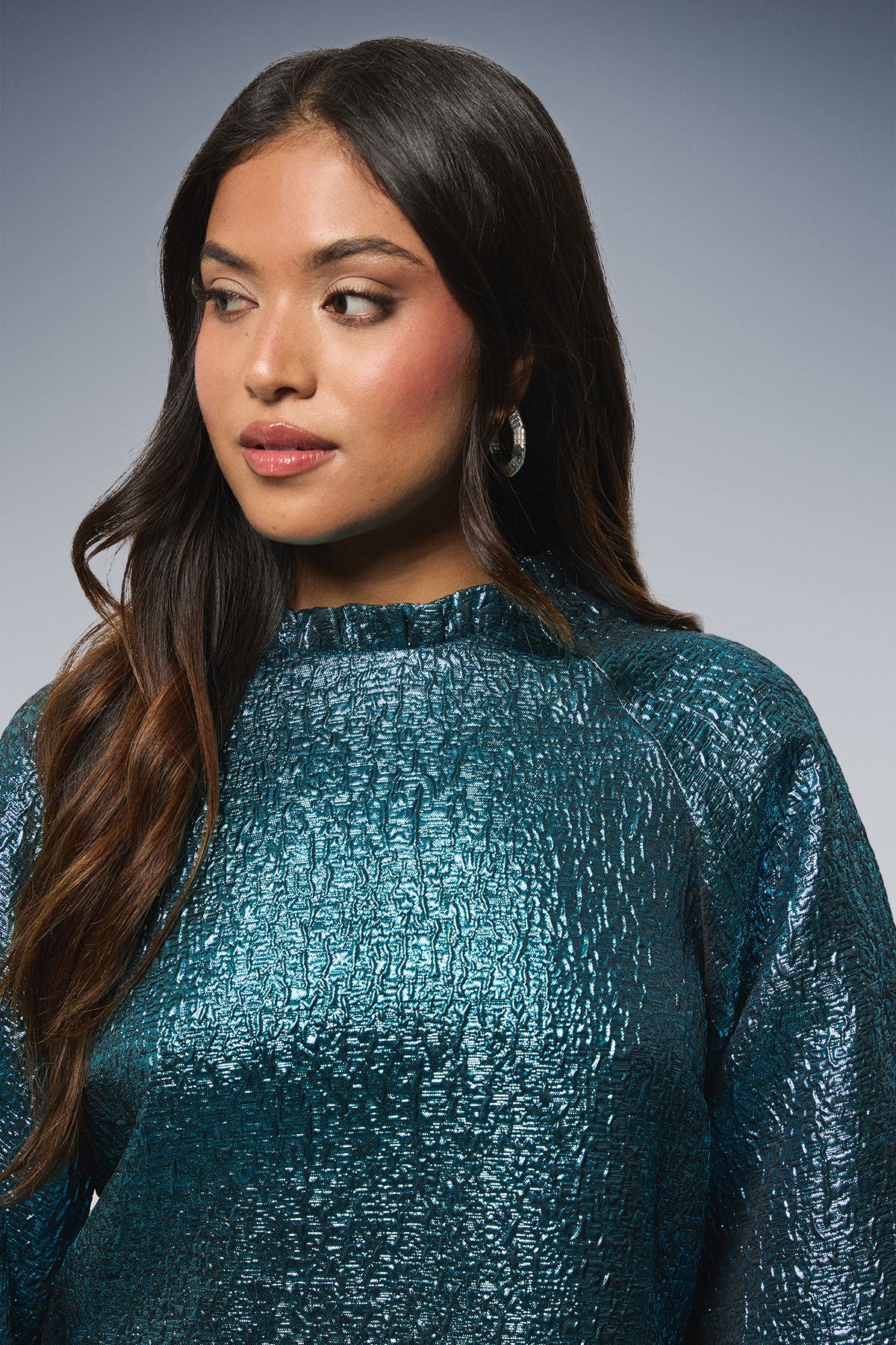 Dorothy Perkins Petite DP Luxe Metallic Jacquard Blouson Sleeve Mini Dress Blue image 4