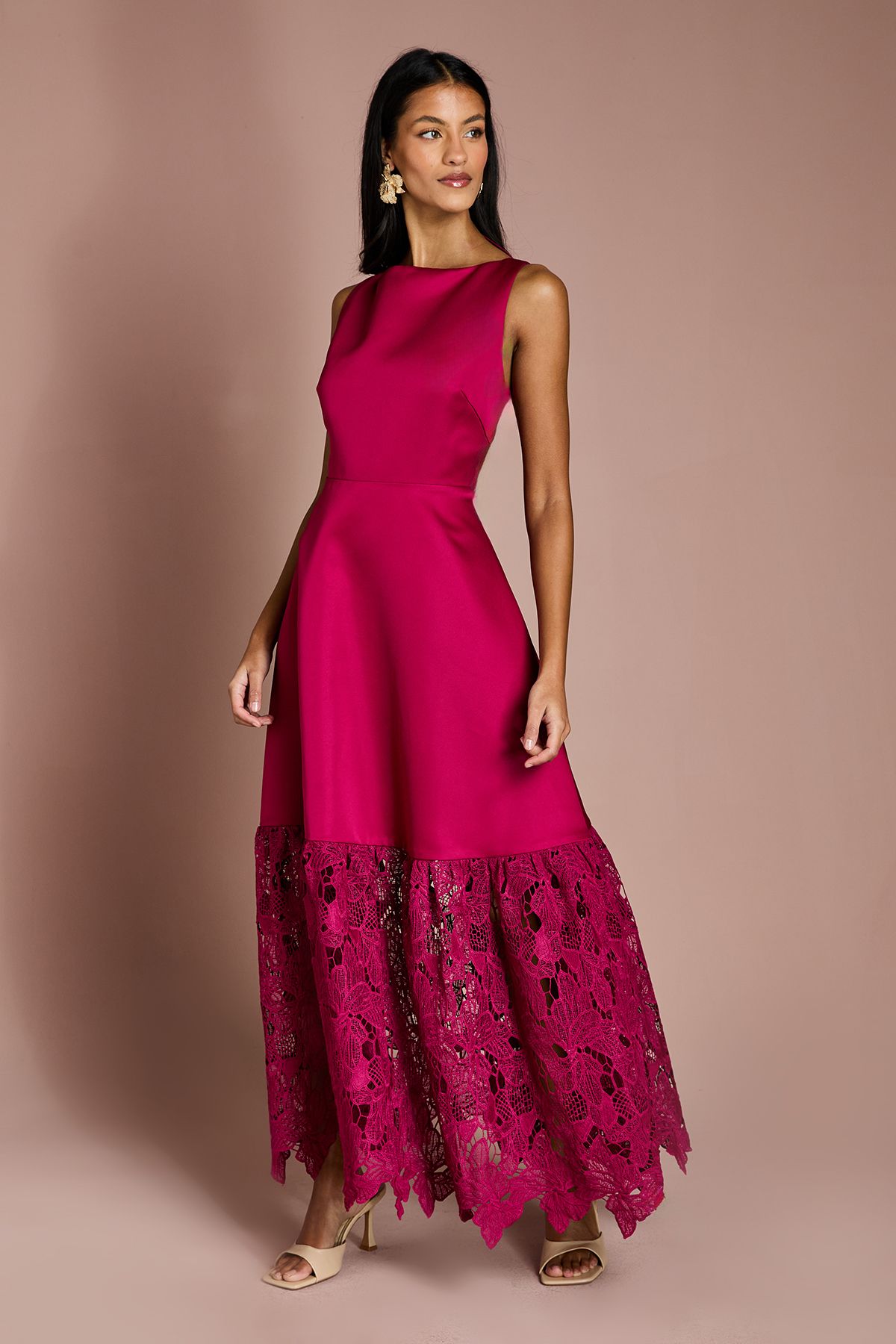 Coast Petite Lace Hem Structured Satin Maxi Dress Magenta