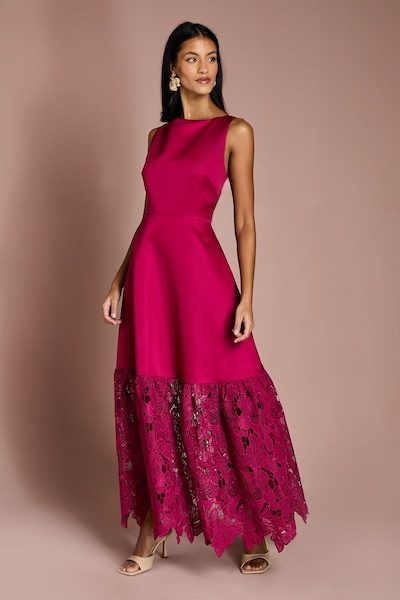 Coast Petite Lace Hem Structured Satin Maxi Dress Magenta