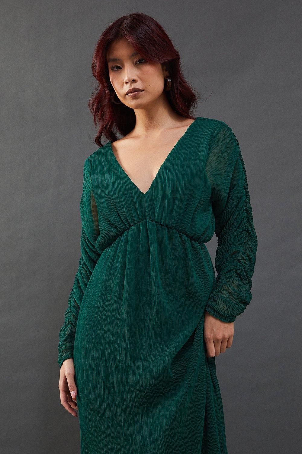 Warehouse Micro Pleat Batwing Midi Dress Green image 4