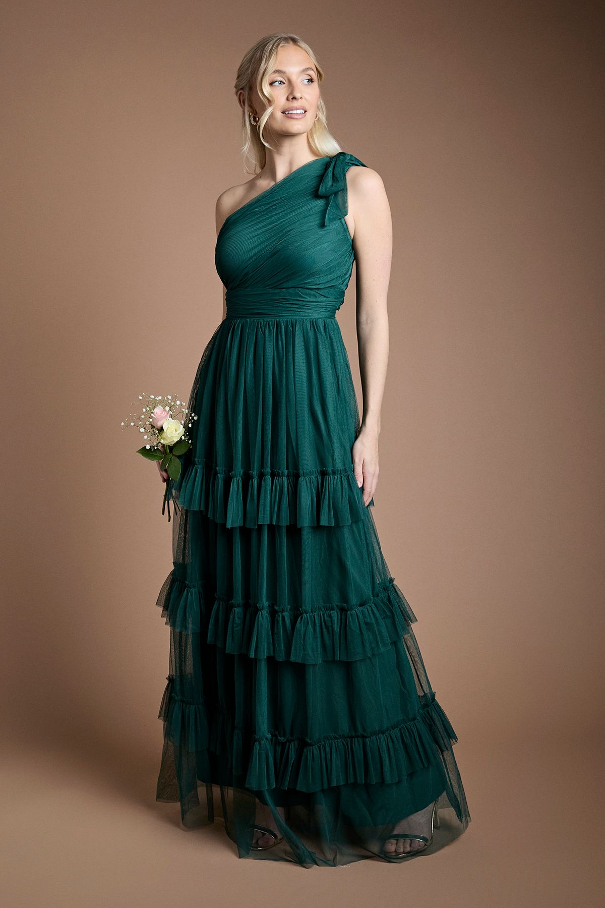 Oasis Pleated Mesh One Shoulder Tiered Maxi Bridesmaid Maxi Dress Emerald