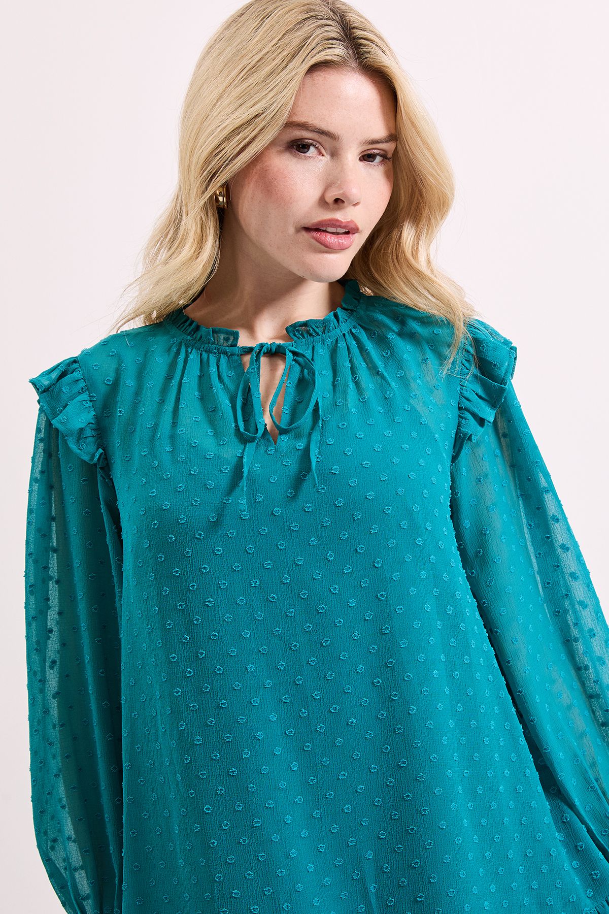 Dorothy Perkins Tiered Hem Tie Neck Shift Dress Teal image 3