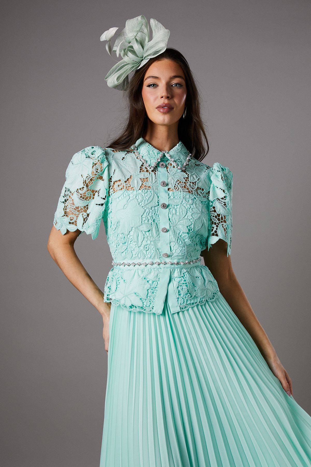 Coast Lace Top Pleat Skirt Jewel Button Dress Sage image 2