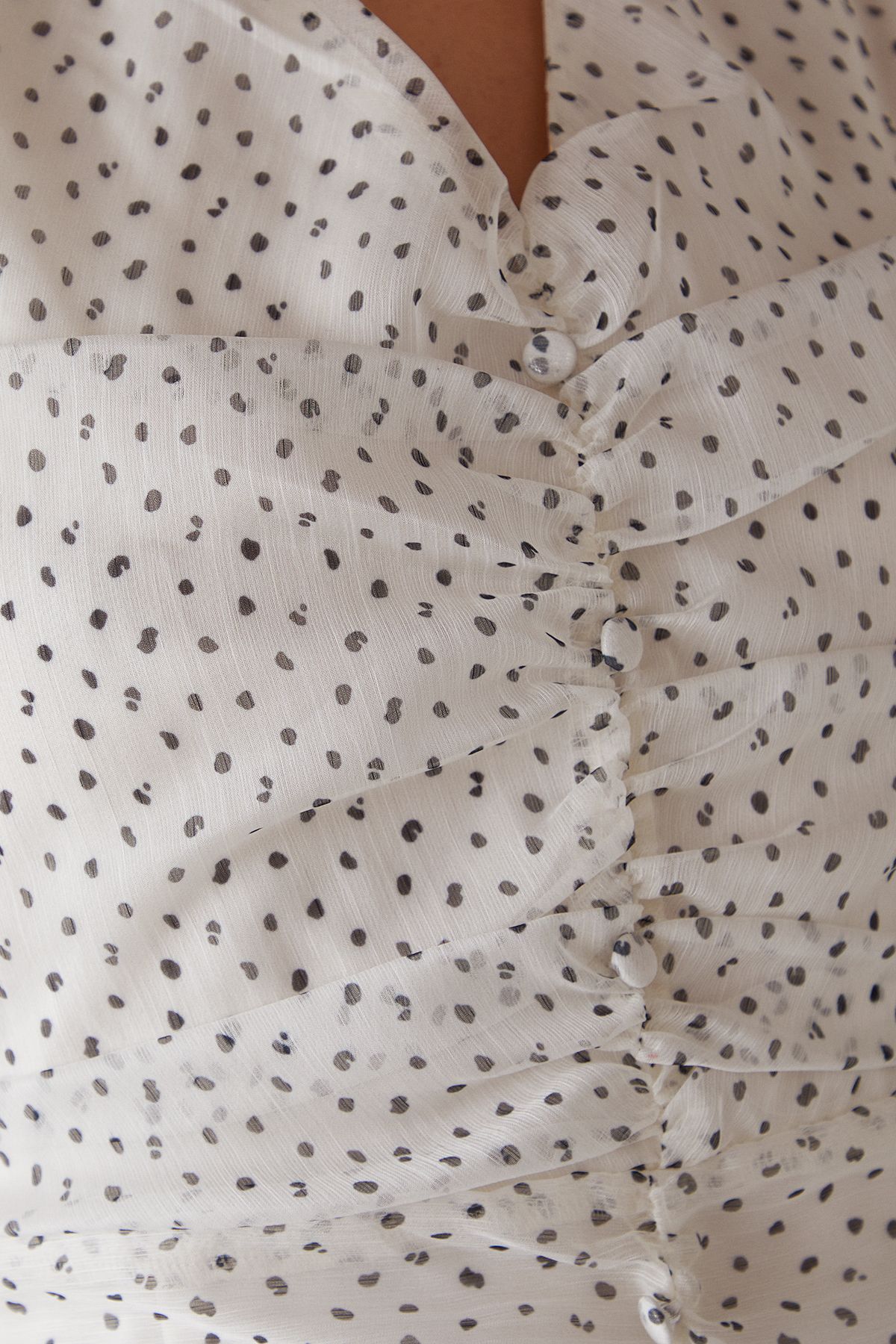 Warehouse Spot Chiffon Ruched Plunge Button front Midi Dress Mono image 5