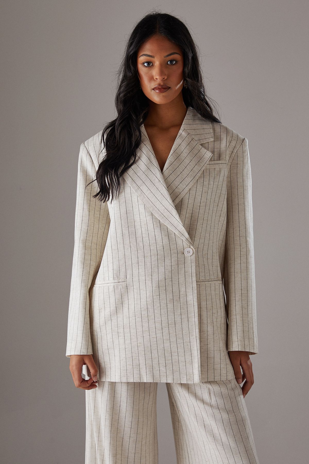Warehouse Linen Look Pinstripe Blazer Natural image 2