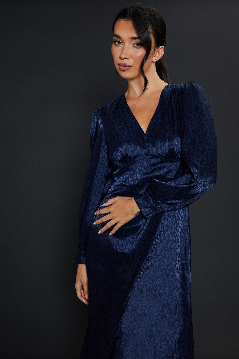 Dorothy Perkins Satin Animal Jacquard Empire Long Sleeve Midi Dress Navy image 2