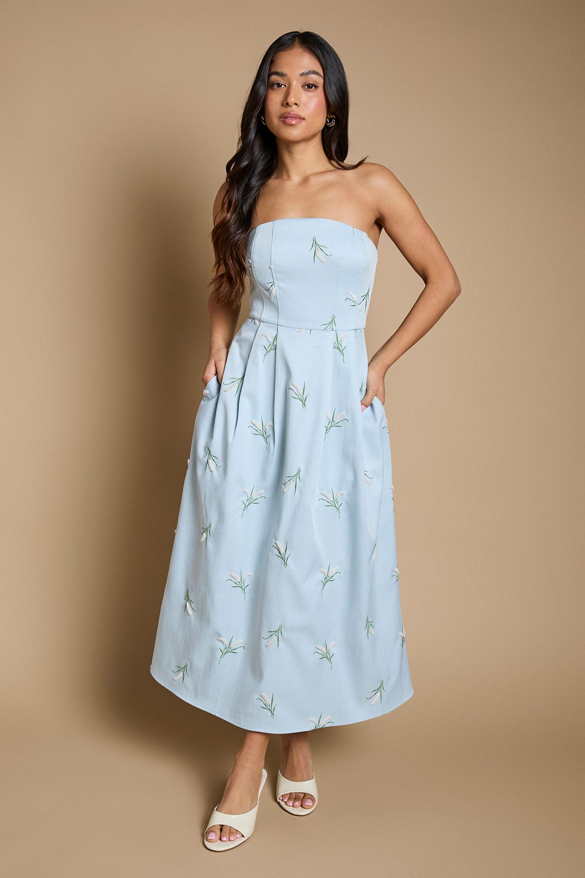 Oasis Petite Embroidered Strapless Sweetheart Midi Dress Pale Blue