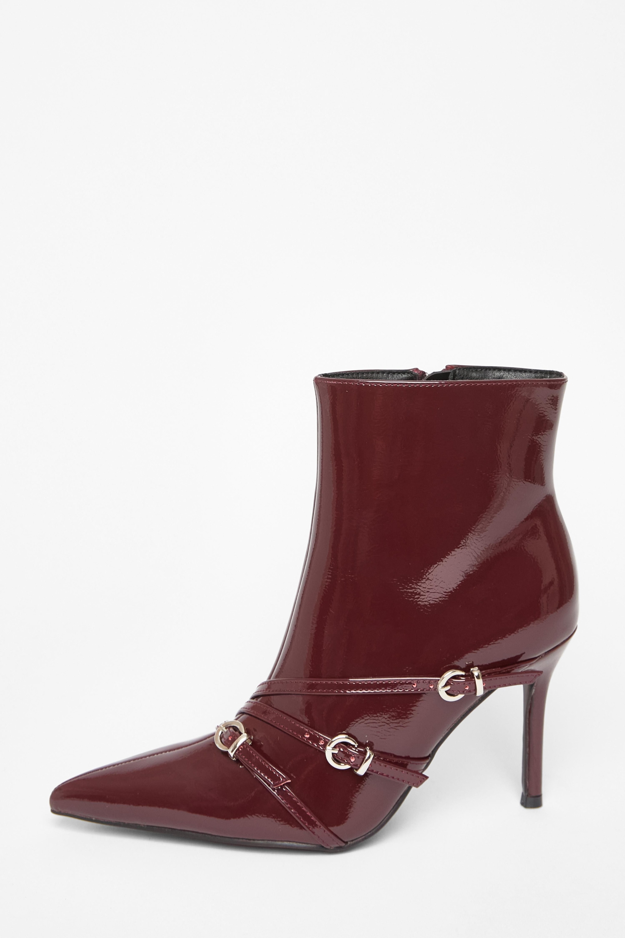 Quiz Burgundy Faux Leather Buckle Ankle Boots image 3