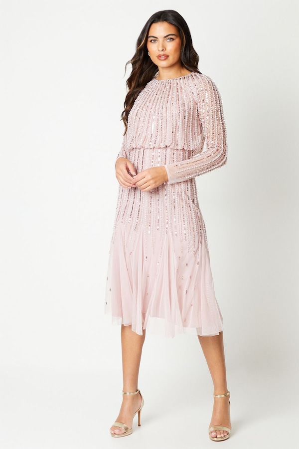Coast Party Sequin Long Sleeve Midi Dress Rose Pink