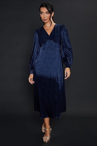 Dorothy Perkins Satin Animal Jacquard Empire Long Sleeve Midi Dress Navy