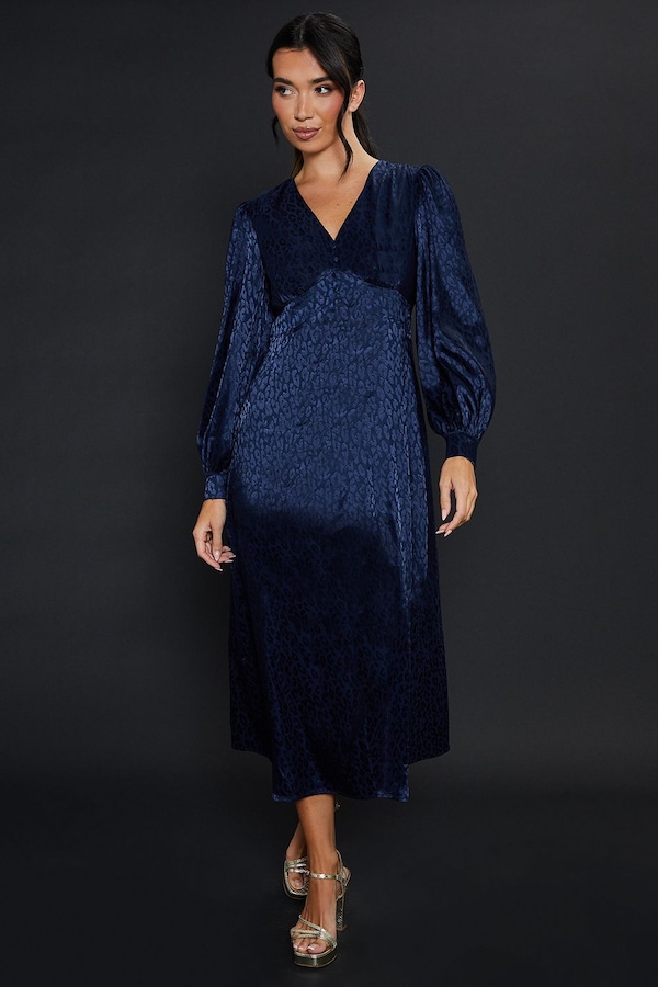 Dorothy Perkins Satin Animal Jacquard Empire Long Sleeve Midi Dress Navy