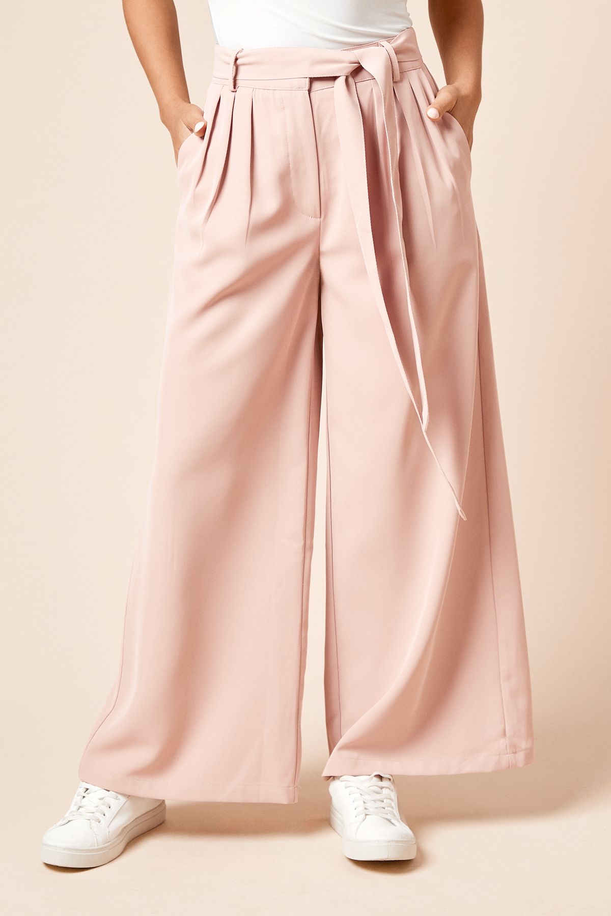 Dorothy Perkins Petite Pleated Belted Wide Leg Trouser Blush image 1