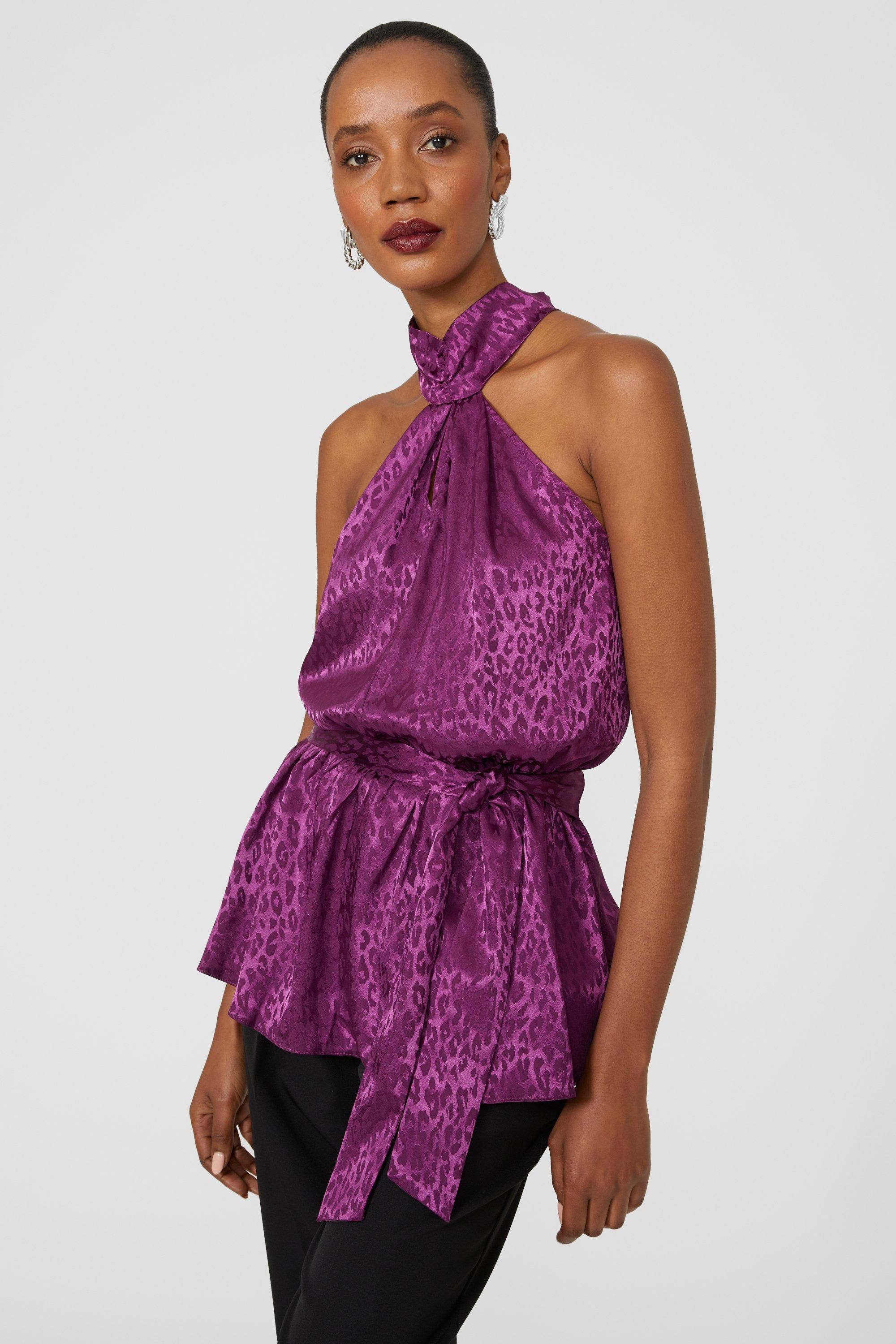 Principles Animal Jacquard Belted Halter Top Magenta